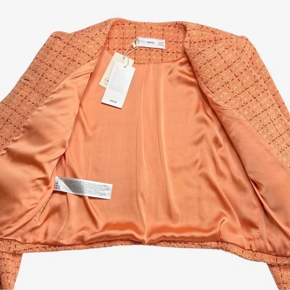 Mango MNG Short Tweed Blazer Orange Goldtone Button Details Size S NEW - Picture 6 of 15